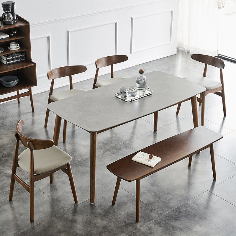 Gray Stone Top Dining Table Mid-Century Modern Table with 4 Wood Legs