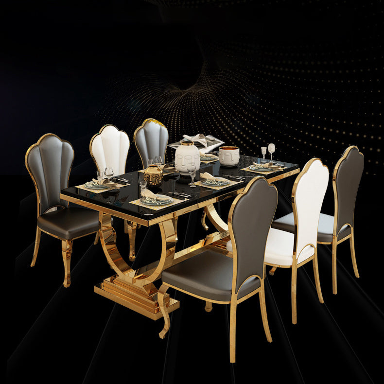 Stainless Steel Traditional Luxury Rectangle Table Marble Top Table with Trestle Base