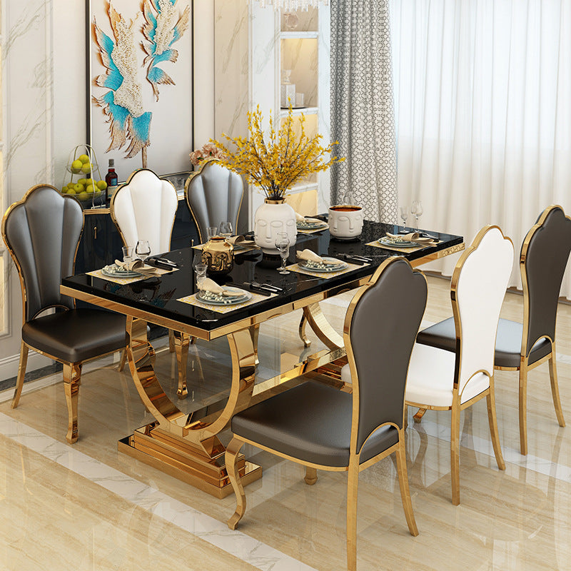 Stainless Steel Traditional Luxury Rectangle Table Marble Top Table with Trestle Base