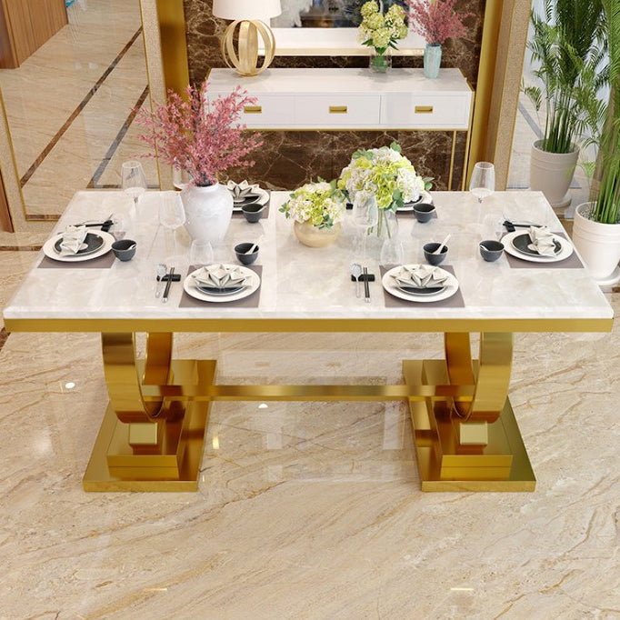 Stainless Steel Traditional Luxury Rectangle Table Marble Top Table with Trestle Base
