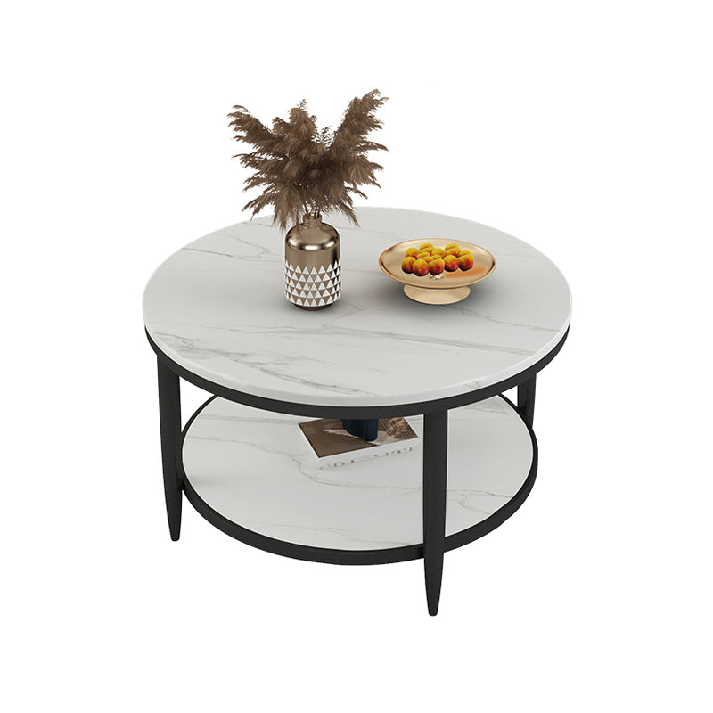 Glam Style Round Slate Table Plate Metal 4 Leg Base with Storage Rack Coffee Table