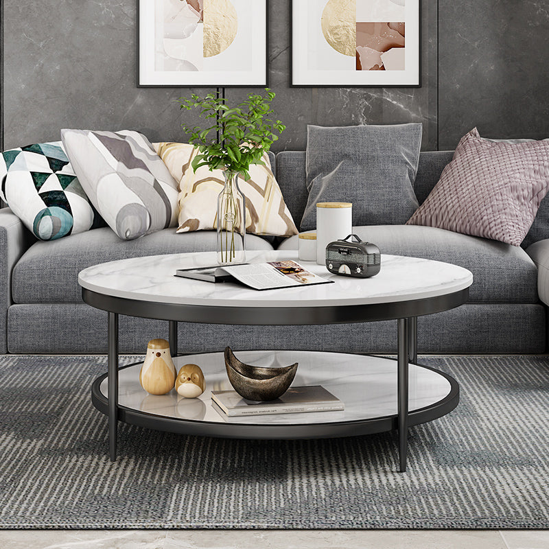17.7" H Glam Round Slate Coffee Table Metal 4 Legs Cocktail Table with Shelf