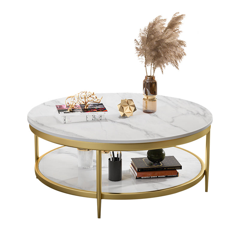 17.7" H Glam Round Slate Coffee Table Metal 4 Legs Cocktail Table with Shelf