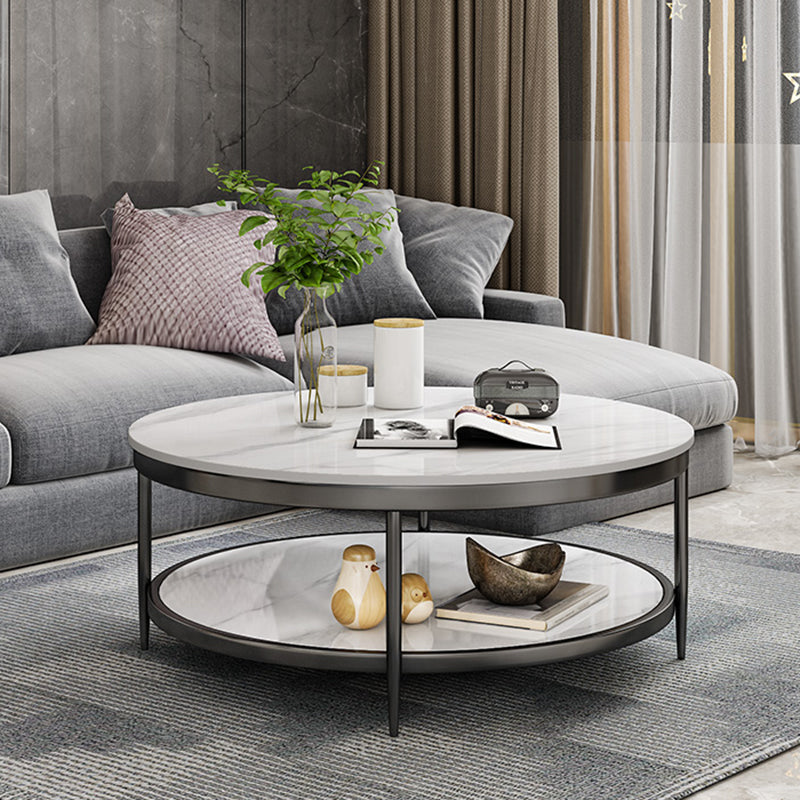 17.7" H Glam Round Slate Coffee Table Metal 4 Legs Cocktail Table with Shelf
