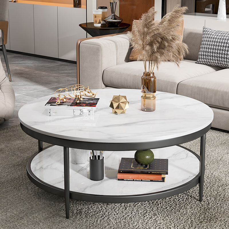 17.7" H Glam Round Slate Coffee Table Metal 4 Legs Cocktail Table with Shelf