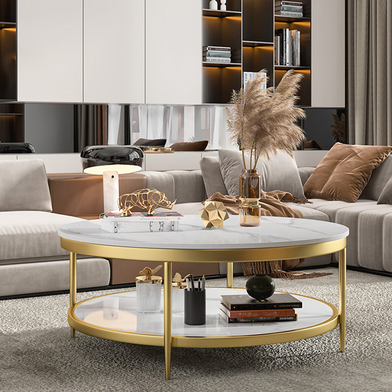 17.7" H Glam Round Slate Coffee Table Metal 4 Legs Cocktail Table with Shelf