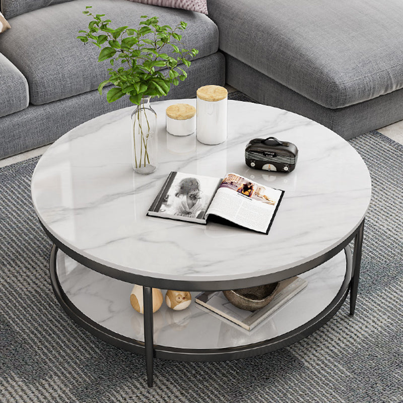 17.7" H Glam Round Slate Coffee Table Metal 4 Legs Cocktail Table with Shelf