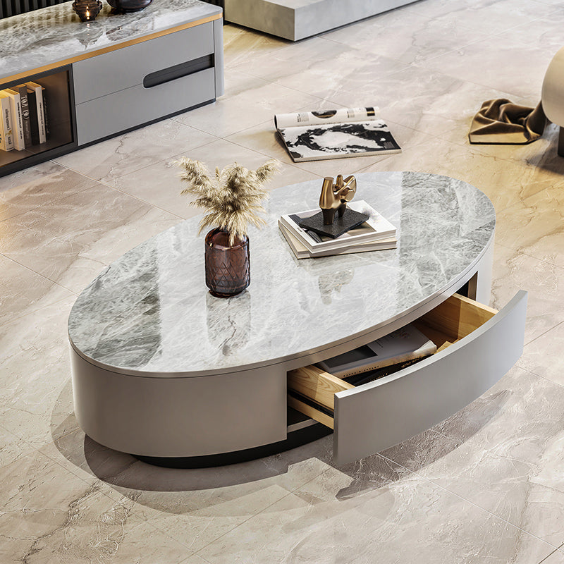 Glam 13.7" H Oval Slate Coffee Table Iron Drum Cocktail Table with Drawer