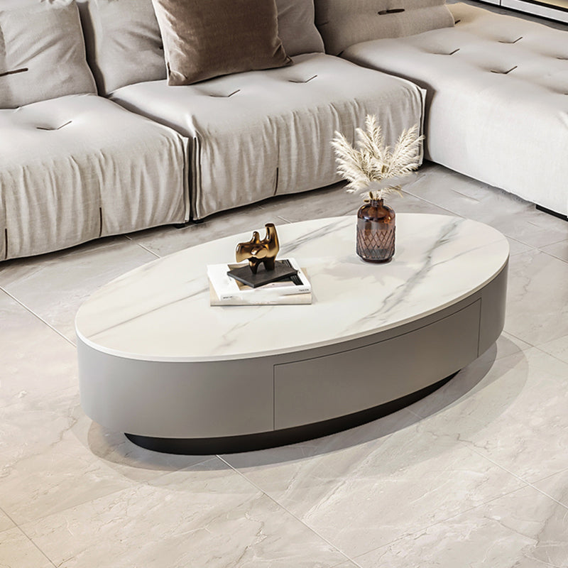 Glam 13.7" H Oval Slate Coffee Table Iron Drum Cocktail Table with Drawer