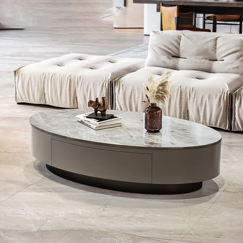 Glam 13.7" H Oval Slate Coffee Table Iron Drum Cocktail Table with Drawer
