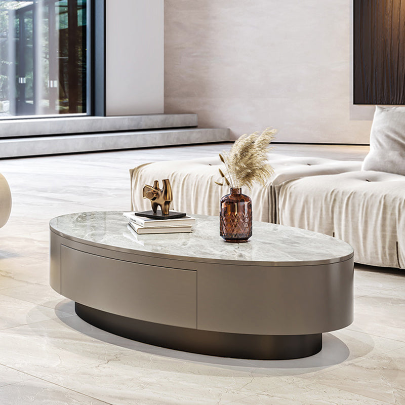 Glam 13.7" H Oval Slate Coffee Table Iron Drum Cocktail Table with Drawer