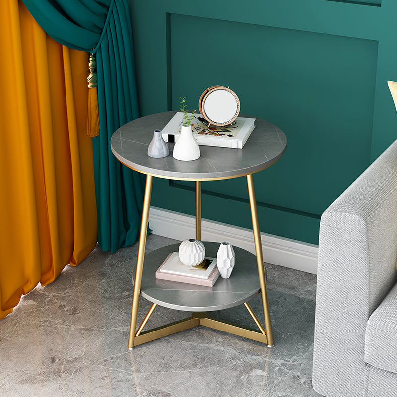 23.6" Tall Modern Round Slate Top Side Table Metal Cross-leg End Table with Shelf