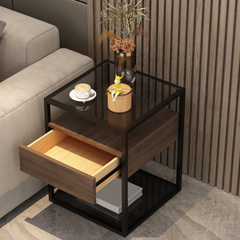 Square Glass/Stone Top End Table 21.26" Tall 1-Drawer Side Table with Storage Shelf