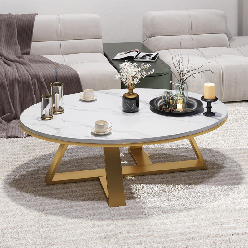 Glam Oval Stone Top Coffee Table with Iron Cross Base Cocktail Table