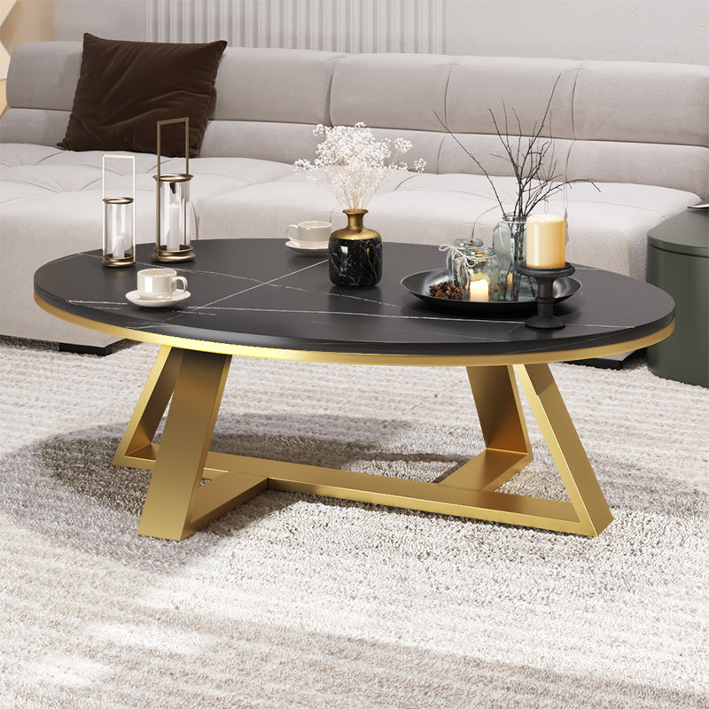 Glam Oval Stone Top Coffee Table with Iron Cross Base Cocktail Table