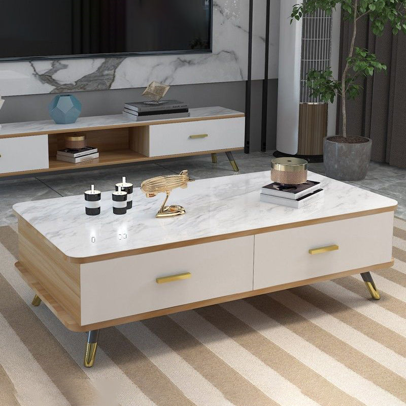 Contemporary Wooden Coffee Table with 4 Legs and 2 Storage Drawers