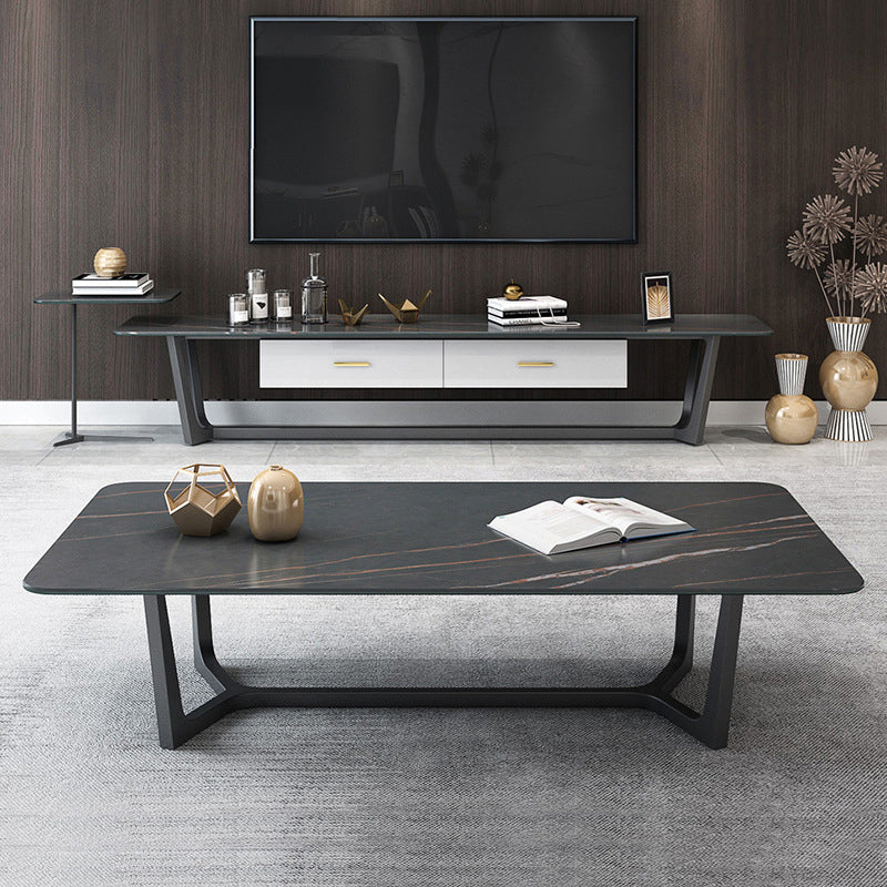 Glam Style Rectangular Slte Black Metal Trestle Type Base Coffee Table