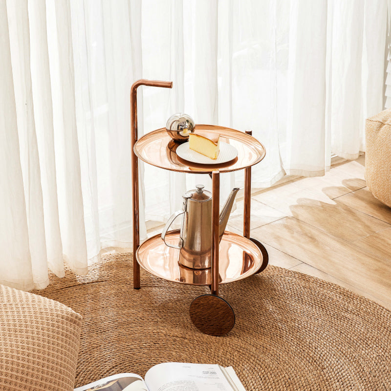 Mid-Century Metal Round Tray Top Side Table 25-inch End Table with Wheel and Shelf