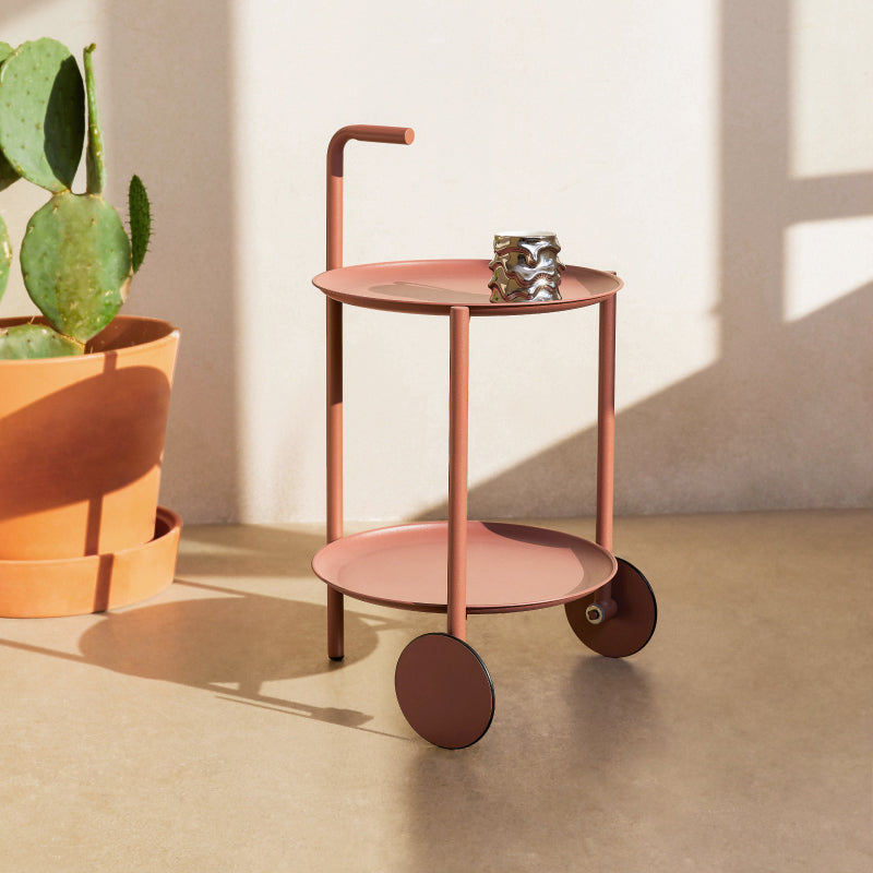 Mid-Century Metal Round Tray Top Side Table 25-inch End Table with Wheel and Shelf