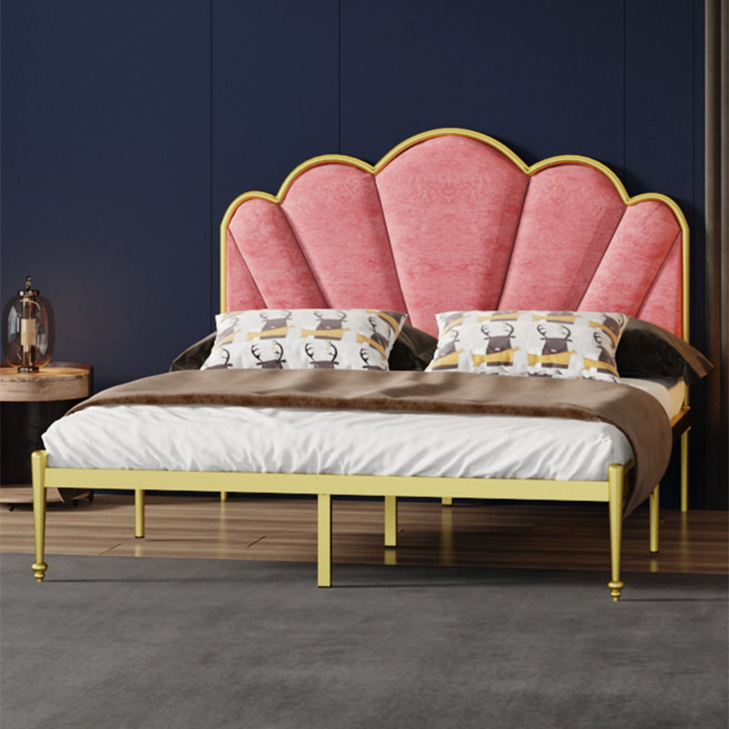 Glam Metal Panel Bed with Fabric Camelback Upholstered Headboard