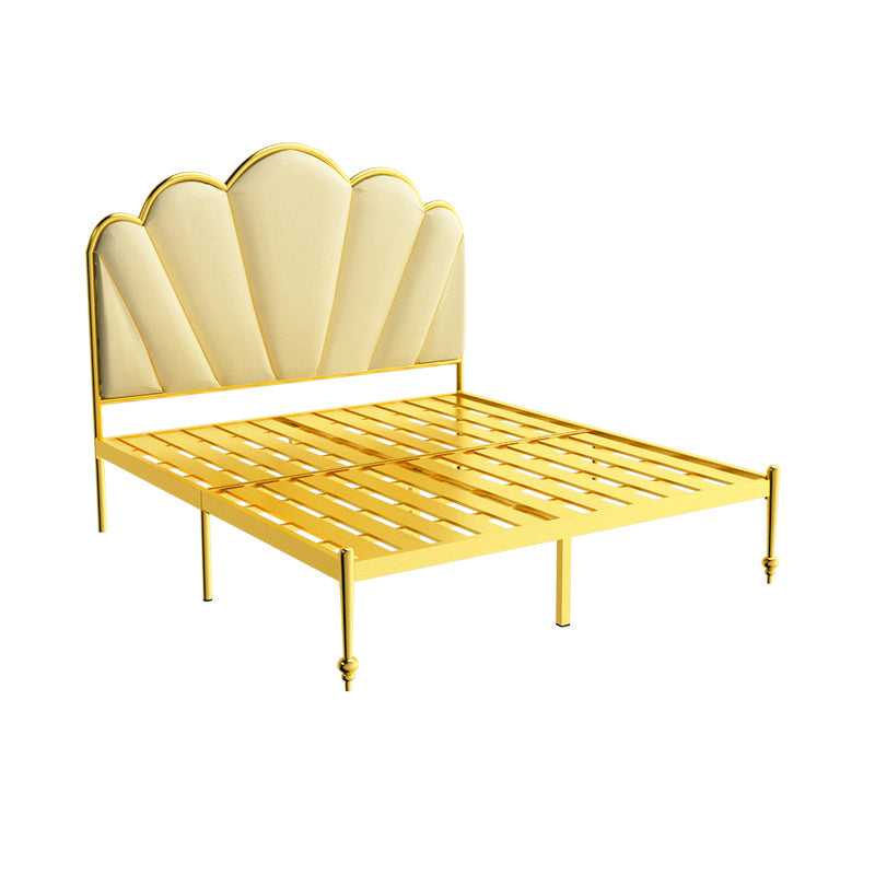 Glam Metal Panel Bed with Fabric Camelback Upholstered Headboard