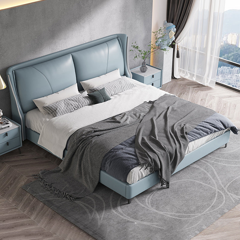 Modern Genuine Leather Panel Bed Pine Wood Bed with Upholstered Headboard