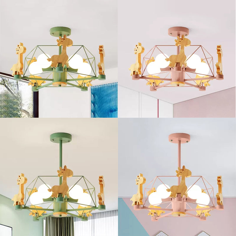 Wire Frame Semi Flush Mount Light with Giraffe 5 Heads Kids Metallic Ceiling Lamp for Child Bedroom