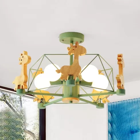 Wire Frame Semi Flush Mount Light with Giraffe 5 Heads Kids Metallic Ceiling Lamp for Child Bedroom