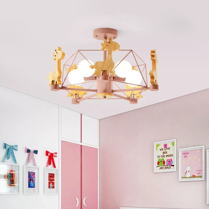 Wire Frame Semi Flush Mount Light with Giraffe 5 Heads Kids Metallic Ceiling Lamp for Child Bedroom