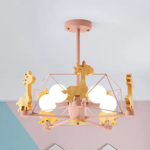 Wire Frame Semi Flush Mount Light with Giraffe 5 Heads Kids Metallic Ceiling Lamp for Child Bedroom