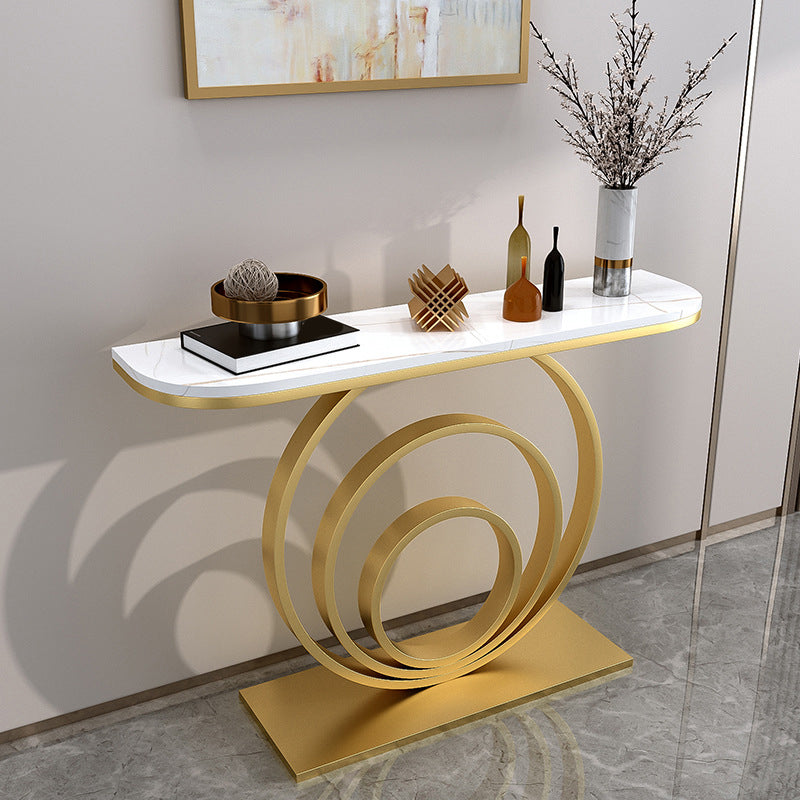 Marble Half Moon Console Table with Iron Pedestal Base Accent Table