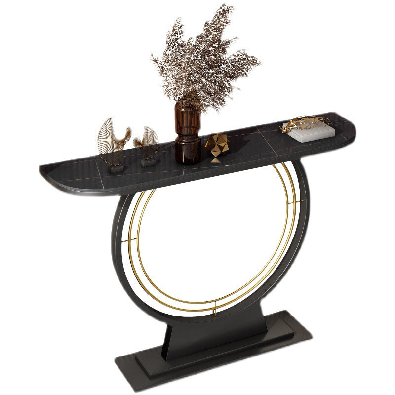 Modern Conole Table with Stone Half Moon Top and Black Pedestal Base