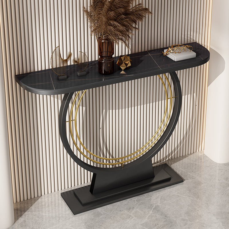 Modern Conole Table with Stone Half Moon Top and Black Pedestal Base