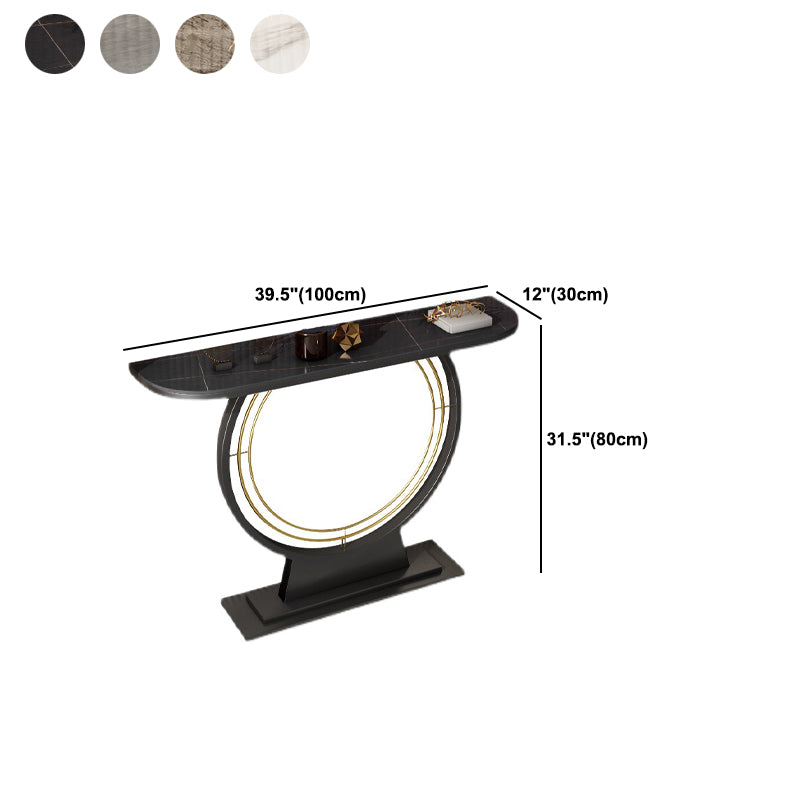 Modern Conole Table with Stone Half Moon Top and Black Pedestal Base