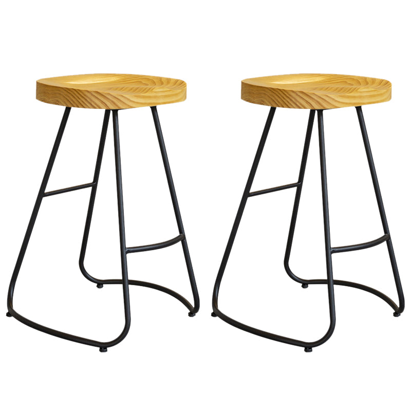 Modern Contoured Seat Pine Solid Wood Bar Stool with Iron Base