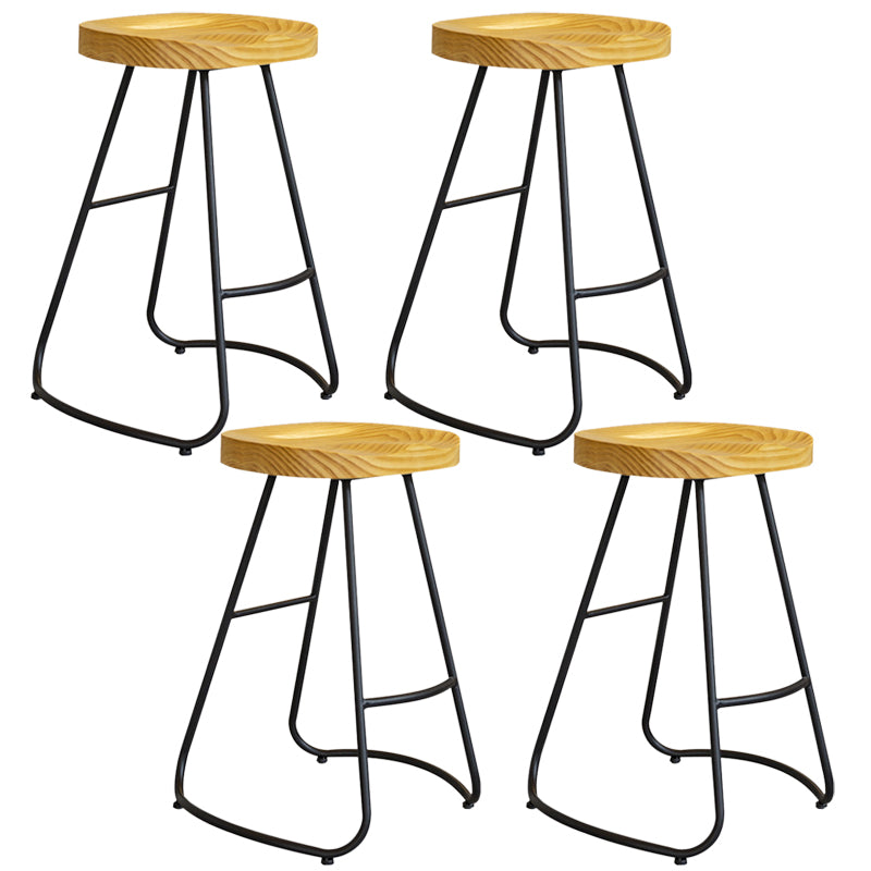 Modern Contoured Seat Pine Solid Wood Bar Stool with Iron Base