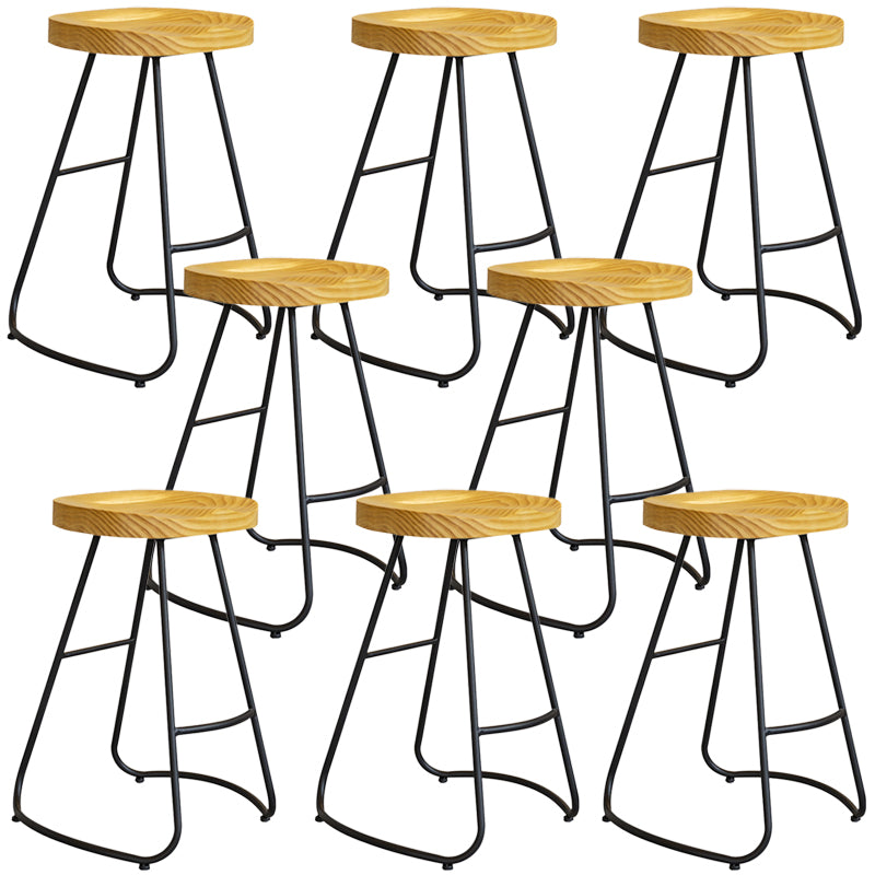 Modern Contoured Seat Pine Solid Wood Bar Stool with Iron Base