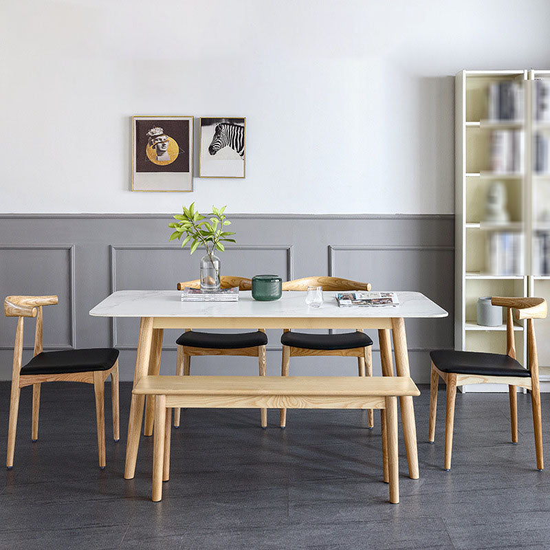 White Stone Top Dining Table Mid-Century Modern Table with 4 Wood Legs