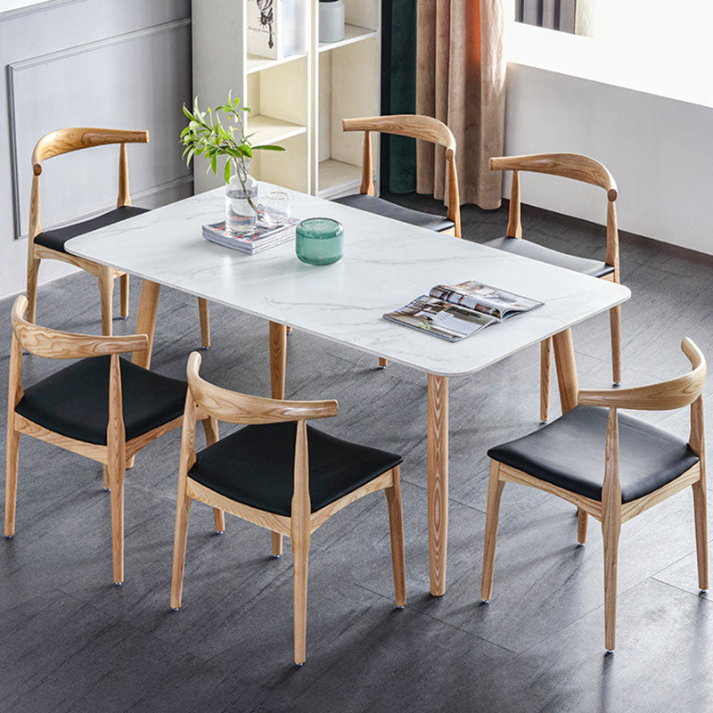 White Stone Top Dining Table Mid-Century Modern Table with 4 Wood Legs