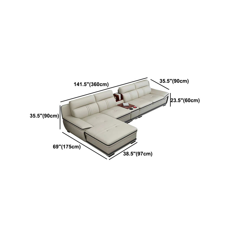 Tufted Pillow Top Arm Sectional Modernism Beige Genuine Leather Sofa&chaise