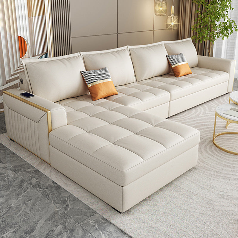 White Modern Sofa Bed with Storage USB Charging Convertible Sectional