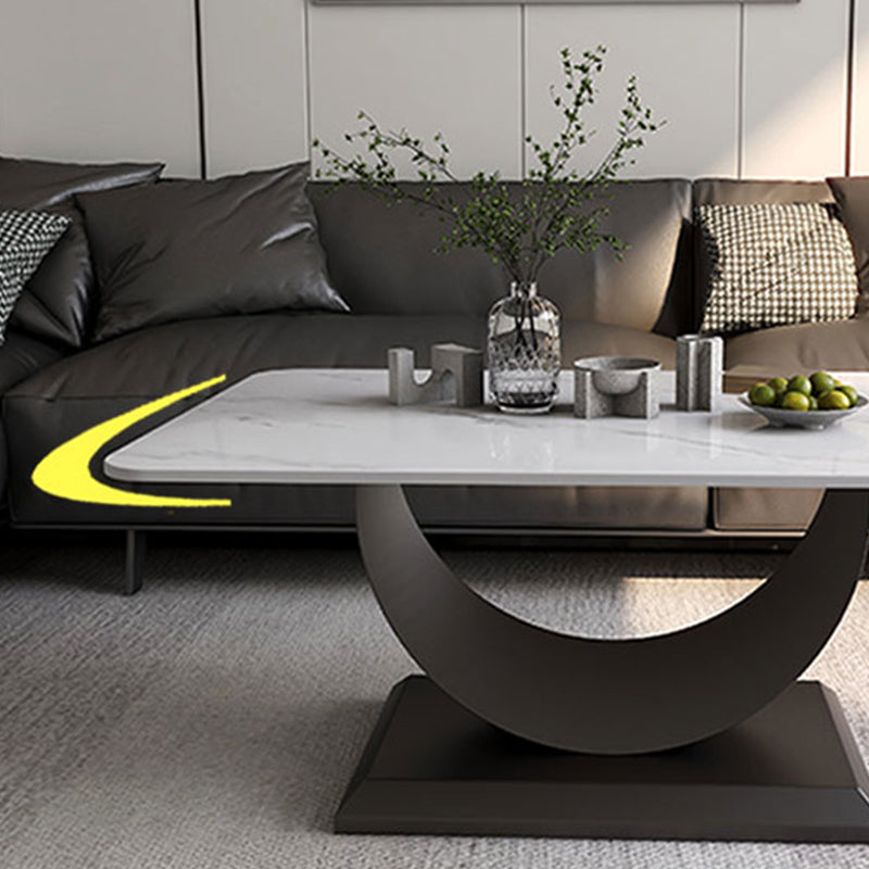 Glam Stone Coffee Table with Steel Pedestal Base and Rectangle Top