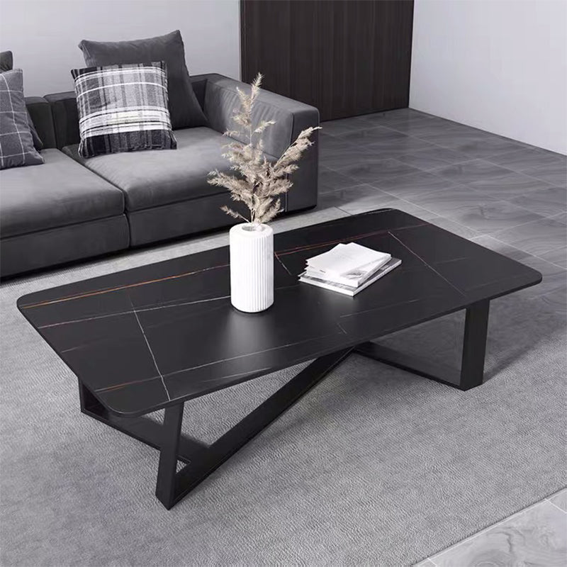 Glam Rectangle Stone Top Cocktail Table with Black Iron Cross Leg