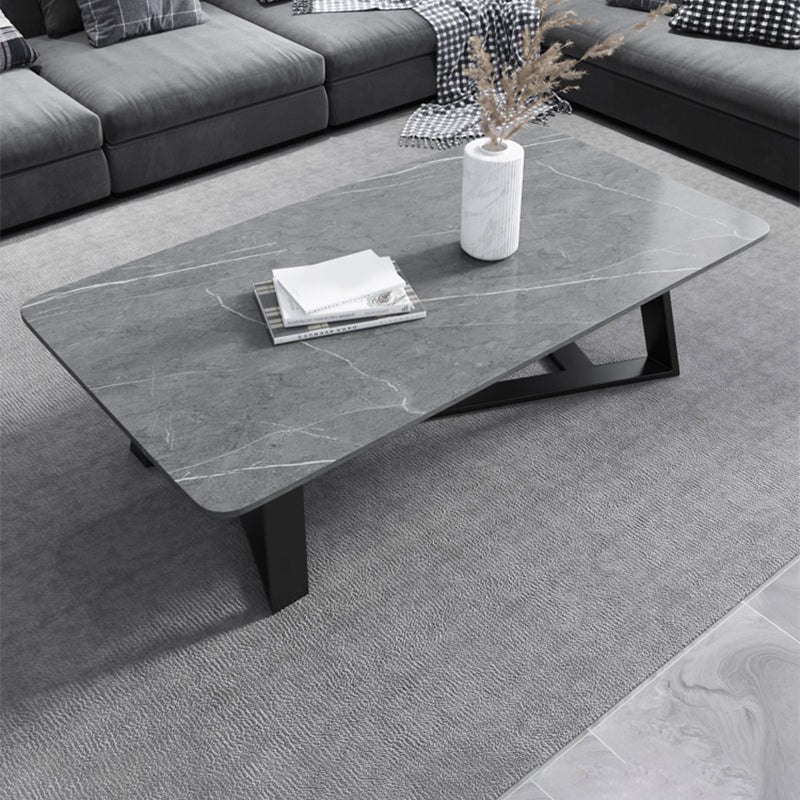 Glam Rectangle Stone Top Cocktail Table with Black Iron Cross Leg