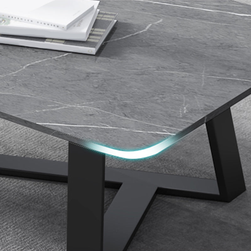 Glam Rectangle Stone Top Cocktail Table with Black Iron Cross Leg