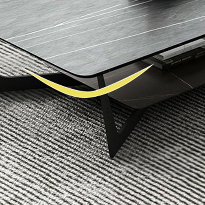 Rectangle Stone Top Cocktail Table with Cross Leg and Storage Shelf