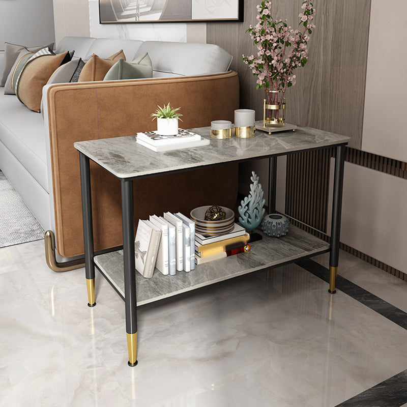 Rectangular Stone 4 Legs Side Table 21.65 Inch Tall One-Shelf End Table