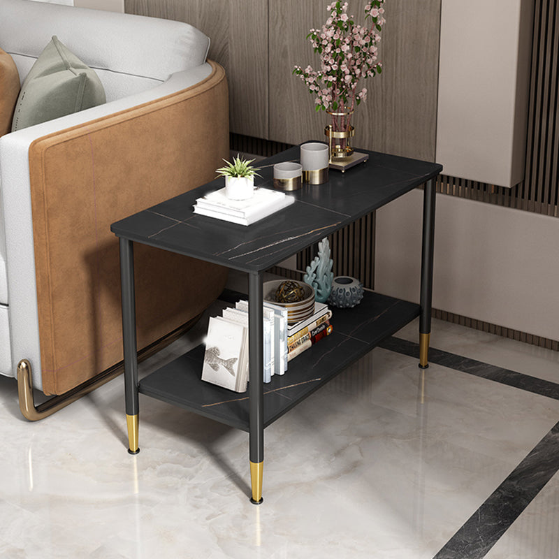 Rectangular Stone 4 Legs Side Table 21.65 Inch Tall One-Shelf End Table