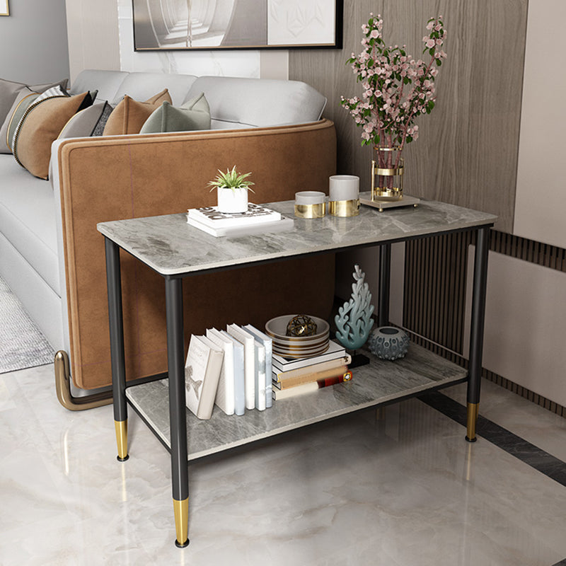 Rectangular Stone 4 Legs Side Table 21.65 Inch Tall One-Shelf End Table