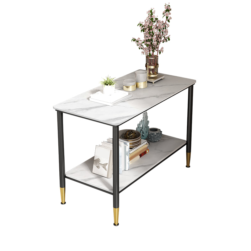 Rectangular Stone 4 Legs Side Table 21.65 Inch Tall One-Shelf End Table